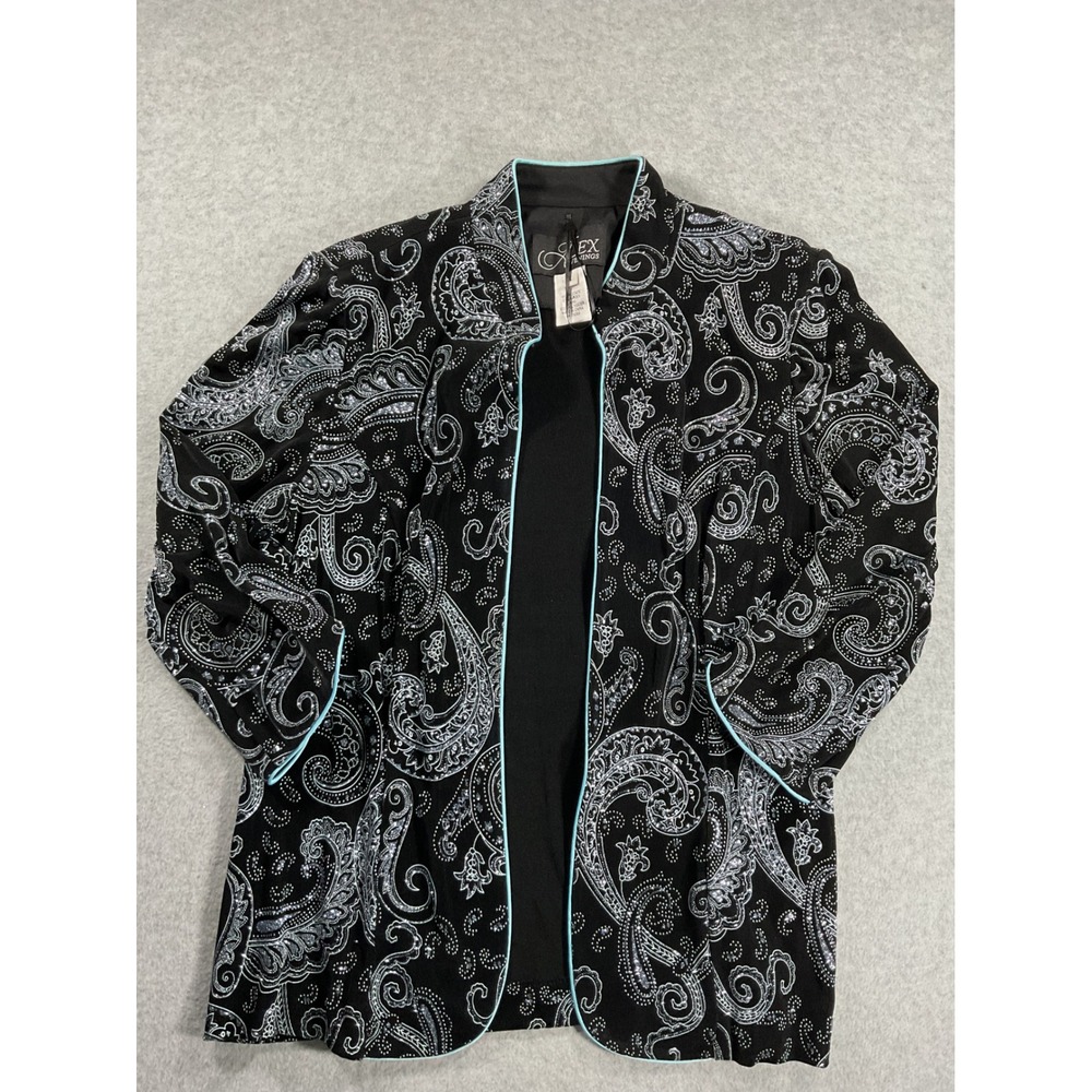 Alex Evenings Womens Black Silver Paisley Open Front Jacket Blue Trim Large 2372